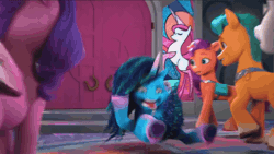 Size: 1920x1082 | Tagged: safe, screencap, hitch trailblazer, misty brightdawn, pipp petals, sunny starscout, zipp storm, earth pony, pegasus, pony, unicorn, g5, missing the mark, my little pony: make your mark, my little pony: make your mark chapter 4, spoiler:g5, spoiler:my little pony: make your mark, spoiler:my little pony: make your mark chapter 4, spoiler:mymc04e07, animated, animation error, badge, bag, door, faic, female, great moments in animation, male, mane stripe sunny, mare, misty is best facemaker, rolling, saddle bag, sheriff's badge, stained glass, stallion, surprised, they just didn't care, tongue out