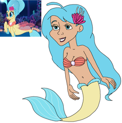 Size: 963x965 | Tagged: safe, artist:ocean lover, princess skystar, human, mermaid, seapony (g4), g4, my little pony: the movie, belly button, bioluminescent, blue eyes, blue hair, blushing, bra, breasts, bubble, cheerful, cleavage, coral, cropped, curvy, dorsal fin, female, fin, fin wings, fins, fish tail, floppy ears, flower, flower in hair, flowing mane, flowing tail, freckles, glowing, grin, happy, hourglass figure, human coloration, humanized, jewelry, lidded eyes, lips, long hair, looking at someone, mermaid princess, mermaid tail, mermaidized, midriff, ms paint, necklace, nightmare fuel, ocean, open mouth, pearl, pearl necklace, reference used, screencap reference, seaquestria, seashell, seashell bra, seaweed, shell, simple background, smiling, solo, species swap, swimming, tail, underwater, water, white background, wings
