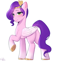Size: 1900x2048 | Tagged: safe, artist:xiaowu07, pipp petals, pegasus, pony, g5, adorapipp, butt, colored wings, concave belly, cute, diadem, female, folded wings, jewelry, looking at you, mare, pipp butt, plot, raised hoof, regalia, signature, simple background, skinny pipp, smiling, smiling at you, solo, unshorn fetlocks, white background, wings