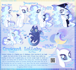Size: 2523x2328 | Tagged: safe, artist:arodovecaidwa, oc, oc only, oc:crescent lullaby, bat pony, cat, pegasus, pony, bat pony oc, bat wings, blue sclera, braid, choker, clothes, colored hooves, colored wings, colored wingtips, crescent moon, ear freckles, ear tufts, eyeshadow, fangs, female, folded wings, freckles, front view, glasses, glasses chain, gradient legs, gradient tail, hat, heart, high res, hoof on chest, implied princess luna, jingle bells, leg freckles, lying down, makeup, mare, moon, multicolored wings, nose piercing, nose ring, piercing, ponysona, pronouns, qr code, reference sheet, round glasses, standing, stars, stockings, student, tail, text, thigh highs, wings, witch, witch hat