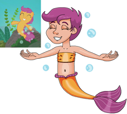 Size: 993x885 | Tagged: safe, artist:ocean lover, scootaloo, human, mermaid, seapony (g4), g4, season 8, surf and/or turf, arms in the air, bandeau, bare midriff, bare shoulders, belly, belly button, boulder, bubble, child, clothes, excited, excitement, eyes closed, fins, fish tail, happy, human coloration, humanized, kelp, leaves, mermaid lovers, mermaid tail, mermaidized, midriff, moderate dark skin, ms paint, ocean, purple hair, reference sheet, reference used, rock, screencap reference, seaponified, seapony scootaloo, seaweed, short hair, simple background, sleeveless, smiling, species swap, tail, tomboy, underwater, water, white background