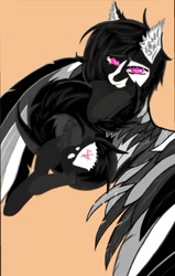 Size: 1025x1610 | Tagged: safe, artist:btg, oc, oc only, oc:lily btg, demon, demon pony, belly fluff, butt fluff, ear fluff, female, hybrid oc, looking at you, lying down, mare, on back, simple background, solo, spread wings, wings