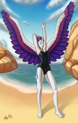 Size: 828x1299 | Tagged: safe, artist:grayspacecat, rarity, alicorn, human, g4, alicornified, beach, clothes, cloud, eyes closed, horn, horned humanization, humanized, leotard, ocean, one-piece swimsuit, race swap, raricorn, spread wings, stretching, swimsuit, water, winged humanization, wings