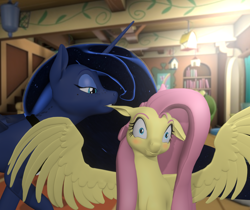 Size: 2042x1712 | Tagged: safe, artist:fynamic, fluttershy, princess luna, alicorn, pegasus, pony, g4, 3d, biting, blushing, duo, duo female, ear bite, female, floppy ears, fluttershy's cottage, fluttershy's cottage (interior), lesbian, mare, nom, ship:lunashy, shipping, spread wings, teeth, wingboner, wings