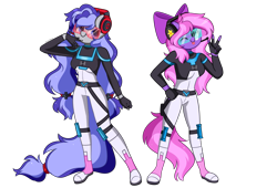Size: 6171x4200 | Tagged: safe, artist:kittyrosie, oc, oc only, oc:cinnabyte, oc:lillybit, anthro, clothes, commission, cosplay, costume, duo, glitch techs, simple background, tongue out, transparent background