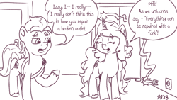 Size: 1200x675 | Tagged: safe, artist:pony-berserker, hitch trailblazer, izzy moonbow, earth pony, pony, unicorn, pony-berserker's twitter sketches, pony-berserker's twitter sketches (2023), g5, duo, famous last words, female, fork, male, mare, outlet, raised hoof, stallion, this will end in death, this will end in electrocution, this will end in tears, this will end in tears and/or death, this will not end well, too dumb to live