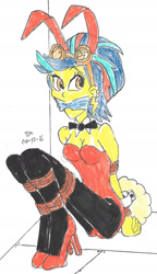 Size: 1024x1782 | Tagged: safe, artist:godzilla713, indigo zap, human, equestria girls, g4, ass, bondage, breasts, butt, cloth gag, female, gag, indigosub, playboy bunny indigo zap, solo