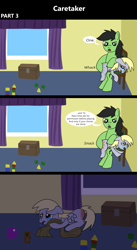 Size: 1920x3516 | Tagged: safe, artist:platinumdrop, derpy hooves, oc, oc:anon, oc:anon stallion, pegasus, pony, comic:caretaker, series:caretaker, g4, 3 panel comic, abuse, alone, angry, ball, bedroom, blanket, blocks, box, bubble wand, butt, caretaker, chair, comic, commission, crying, cuddling, curtains, derpybuse, dialogue, disciplinary action, discipline, domestic abuse, drool, drool on face, duo, duo male and female, ears back, female, filly, filly derpy, flank, floppy ears, foal, foal abuse, indoors, looking at someone, looking down, lying down, male, messy room, mucus, onomatopoeia, open mouth, over the knee, pain, plot, plushie, prone, punishment, reddened butt, room, sad, series, sitting, snot, sore, sound effects, spank mark, spanking, speech bubble, stallion, stern, talking, tears of pain, toy, window, wings, wings down, younger