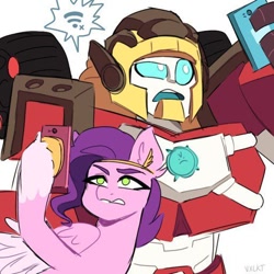 Size: 512x512 | Tagged: source needed, safe, artist:vxlkt, pipp petals, cybertronian, pegasus, pony, robot, g5, bad quality, cellphone, clash of hasbro's titans, hot shot, internet, phone, photo, that pony sure does love phones, transformers, transformers rescue bots academy, wi-fi
