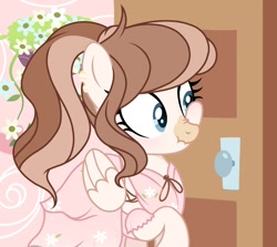 Size: 1212x1080 | Tagged: safe, artist:cstrawberrymilk, oc, oc only, oc:strawberry milk, pegasus, pony, g4, clothes, door, dress, female, flower, leaning, nose wrinkle, ponytail, scrunchy face, solo