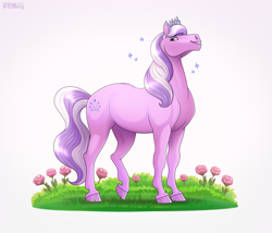 Size: 2077x1774 | Tagged: safe, artist:jenery, diamond tiara, earth pony, pony, g4, female, flower, grass, hoers, looking at you, mare, older, older diamond tiara, rose, signature, solo