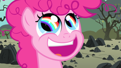 Size: 1920x1080 | Tagged: safe, screencap, pinkie pie, earth pony, pony, g4, season 1, the cutie mark chronicles, cute, diapinkes, faic, female, filly, filly pinkie pie, foal, messy mane, open mouth, open smile, pinkie pie is best facemaker, rainbow, rainbow eyes, rock farm, smiling, solo, wingding eyes, younger