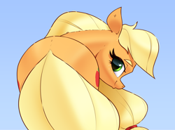 Size: 3330x2470 | Tagged: safe, artist:aquaticvibes, applejack, earth pony, pony, g4, applebutt, butt, female, hatless, high res, looking at you, looking back, looking back at you, mare, missing accessory, plot, simple background, smiling, smiling at you, solo