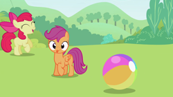 Size: 1920x1080 | Tagged: safe, screencap, apple bloom, scootaloo, sweetie belle, earth pony, pegasus, pony, g4, lesson zero, my little pony: friendship is magic, season 2, apple bloom's bow, ball, bow, cute, cutealoo, cutie mark crusaders, derp, duo, female, filly, foal, grass, grass field, hair bow, looking at you, park, tongue out, tree