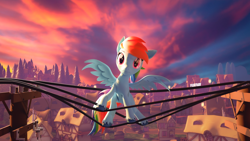 Size: 3840x2160 | Tagged: safe, artist:featray, rainbow dash, pegasus, pony, g4, 3d, behaving like a bird, blender, color porn, colored hooves, female, high res, house, looking at you, mare, ponyville, power line, rainbird dash, sky, solo, spread wings, sunset, this will end in electrocution, tree, unshorn fetlocks, wings