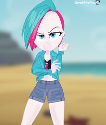 Size: 2550x3000 | Tagged: safe, artist:sarahthefox97, zipp storm, human, equestria girls, g4, g5, adorazipp, belly, bubblegum, clothes, collarbone, cute, equestria girls-ified, eyebrows, female, food, g5 to equestria girls, g5 to g4, generation leap, gum, high res, midriff, shorts, solo, unamused, zipp storm is not amused