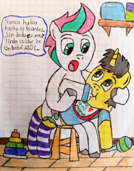 Size: 3051x3889 | Tagged: safe, artist:bitter sweetness, zipp storm, oc, oc:bitter sweetness, pegasus, pony, unicorn, g5, adult foal, baby bottle, bib, clothes, diaper, female, food, graph paper, green eyes, high res, hooves, horn, male, non-baby in diaper, open mouth, rattle, sitting on lap, smiling, socks, spanish, striped socks, toy, traditional art, translated in the description, translation request, wooden floor