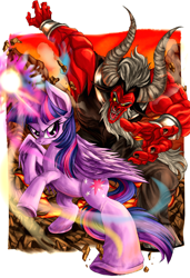 Size: 1918x2796 | Tagged: safe, artist:rafastary, lord tirek, twilight sparkle, alicorn, centaur, pony, taur, g4, twilight's kingdom, detailed, dragon ball, dragon ball super, female, lava, magic, male, redraw, twilight sparkle (alicorn), twilight vs tirek