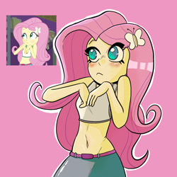 Size: 2048x2048 | Tagged: safe, artist:wasabirivers, edit, edited screencap, screencap, fluttershy, human, equestria girls, g4, my little pony equestria girls: legend of everfree, :<, belly button, blushing, camp everfree outfits, female, high res, midriff, pink background, redraw, screencap reference, simple background, solo