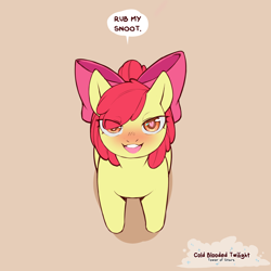 Size: 1200x1200 | Tagged: safe, artist:cold-blooded-twilight, apple bloom, earth pony, pony, g4, bedroom eyes, blushing, boop my snoot, boop request, brown background, dialogue, eye clipping through hair, female, filly, foal, from above, heart, heart eyes, high angle, looking at you, looking up, looking up at you, open mouth, open smile, ribbon, simple background, smiling, solo, speech bubble, talking to viewer, wingding eyes