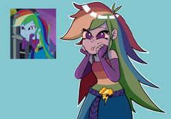 Size: 2360x1640 | Tagged: safe, artist:wasabirivers, screencap, rainbow dash, human, equestria girls, g4, my little pony equestria girls, blue background, faic, fall formal outfits, female, hand on cheek, screencap reference, simple background, solo, squishy cheeks