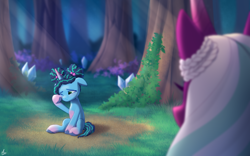 Size: 2000x1250 | Tagged: safe, artist:luminousdazzle, misty brightdawn, opaline arcana, alicorn, pony, unicorn, g5, afro puffs, blurry background, bridlewood, coat markings, countershading, crepuscular rays, crying, crystal, cute, duo, duo female, female, filly, filly misty brightdawn, first meeting, foal, focused, forest, freckles, gradient hooves, gradient horn, grass, hair tie, horn, imminent foalnapping, looking at someone, lost, mare, outdoors, sad, sadorable, sitting, socks (coat markings), teary eyes, tree, younger