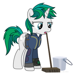 Size: 6000x6000 | Tagged: safe, artist:suramii, oc, oc:silber, pony, fallout equestria, absurd resolution, bucket, fallout, female, mare, mop, mouth hold, simple background, solo, transparent background