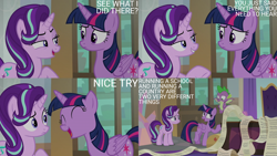 Size: 2000x1125 | Tagged: safe, edit, edited screencap, editor:quoterific, screencap, spike, starlight glimmer, twilight sparkle, alicorn, dragon, pony, unicorn, g4, the beginning of the end, scroll, twilight sparkle (alicorn), twilight's office, winged spike, wings