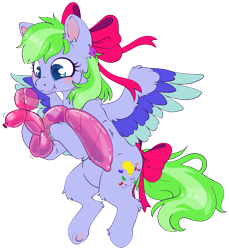 Size: 4453x4868 | Tagged: safe, artist:cutepencilcase, oc, oc only, oc:fancy confetti, pegasus, pony, balloon, balloon animal, bow, commission, commissioner:puffydearlysmith, cute, ear piercing, earring, female, hair bow, jewelry, mare, pegasus oc, piercing, simple background, smiling, solo, tail, tail bow, transparent background