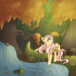Size: 2000x2000 | Tagged: safe, artist:lostsheep, fluttershy, pegasus, pony, g4, cute, female, flower, forest, grass, high res, leaves, lilypad, looking up, mare, pond, rock, solo, spread wings, sun, tree, water, wings