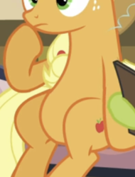 Size: 648x853 | Tagged: safe, screencap, applejack, earth pony, pony, apple family reunion, g4, belly, cropped, pictures of bellies, sitting, solo