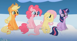 Size: 1187x637 | Tagged: safe, screencap, applejack, fluttershy, pinkie pie, twilight sparkle, earth pony, pegasus, pony, unicorn, g4, sonic rainboom (episode), belly, cloud, cropped, floppy ears, group, happy, one of these things is not like the others, sitting, smiling, unicorn twilight