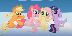 Size: 1163x584 | Tagged: safe, screencap, applejack, fluttershy, pinkie pie, twilight sparkle, earth pony, pegasus, pony, unicorn, g4, sonic rainboom (episode), belly, cloud, cute, excited, happy, one of these things is not like the others, open mouth, sitting, smiling, unicorn twilight