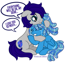Size: 900x862 | Tagged: safe, alternate version, artist:jennieoo, part of a set, oc, oc only, oc:maverick, oc:ocean soul, earth pony, pegasus, pony, comforting, crying, duo, hug, married couple, sad, simple background, soulverick, tears of pain, teary eyes, transparent background, vector, water mane