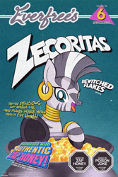 Size: 1280x1920 | Tagged: safe, artist:theratedrshimmer, zecora, zebra, g4, cereal, cereal box, cute, food, parody, solo, zecorable