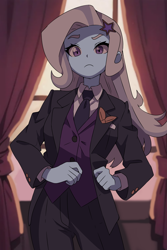 Size: 1362x2043 | Tagged: safe, artist:aokushan, trixie, human, equestria girls, g4, clothes, curtains, looking at you, necktie, pocket square, solo, suit, trixie is not amused, unamused, vest, window