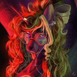 Size: 2667x2667 | Tagged: safe, artist:unt3n, oc, oc only, alicorn, pony, bust, female, glasses, high res, portrait, red, red light, solo, violet eyes