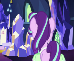 Size: 1280x1054 | Tagged: safe, screencap, starlight glimmer, pony, all bottled up, g4, back of head, bag, butt, cropped, female, mare, plot, saddle bag, solo, twilight's castle