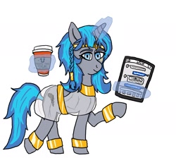 Size: 1863x1668 | Tagged: safe, artist:dafid25, oc, oc only, oc:cork, pony, unicorn, clothes, coffee cup, cup, egyptian, greek, ipad, long mane, looking at you, magic, qq, simple background, solo, telekinesis, tim hortons, waving, white background