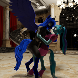 Size: 1620x1620 | Tagged: safe, artist:stellarator, princess luna, sonata dusk, anthro, unguligrade anthro, comic:we will be adored, comic:we will be adored part 55, g4, 3d, blender, blender cycles, comic, cycles render, dancing, female, jewelry, lesbian, regalia, ship:lunata