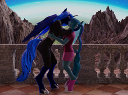 Size: 1473x1104 | Tagged: safe, artist:stellarator, princess luna, sonata dusk, anthro, unguligrade anthro, comic:we will be adored, comic:we will be adored part 55, g4, 3d, blender, blender cycles, comic, cycles render, female, jewelry, kissing, lesbian, regalia, ship:lunata