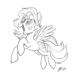 Size: 811x811 | Tagged: safe, artist:mellodillo, derpy hooves, oc, oc:winter bloom, pegasus, pony, alternate name, commission, female, freckles, grayscale, mare, monochrome, open mouth, open smile, simple background, smiling, solo, spread wings, white background, wings