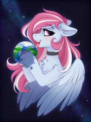 Size: 1800x2400 | Tagged: safe, artist:vird-gi, oc, oc only, oc:evening skies, pegasus, pony, chest fluff, choker, female, giantess, goddess, licking, macro, mare, pegasus oc, planet, pony bigger than a planet, solo, space, tongue out, unshorn fetlocks, upper body