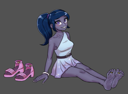 Size: 1403x1038 | Tagged: safe, artist:dadadada, oc, oc only, oc:n0kkun, human, equestria girls, g4, barefoot, clothes, feet, female, fetish, foot fetish, gray background, jewelry, looking at you, shoes, shoes off, shoes removed, simple background, smiling, smiling at you, soles, solo, toe ring, toes