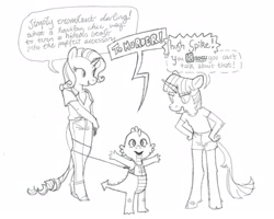 Size: 2326x1860 | Tagged: safe, artist:spectralunicorn, rarity, spike, twilight sparkle, classical unicorn, dragon, unicorn, anthro, unguligrade anthro, g4, clothes, cloven hooves, dialogue, female, grayscale, hand on hip, hashtag, horn, leash, leonine tail, male, monochrome, simple background, speech bubble, trio, unicorn twilight, unshorn fetlocks, vest, white background