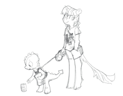 Size: 1924x1495 | Tagged: safe, artist:spectralunicorn, spike, twilight sparkle, classical unicorn, dragon, unicorn, anthro, g4, clothes, cloven hooves, duo, duo male and female, female, grayscale, harness, horn, leash, leonine tail, male, mare, monochrome, shorts, simple background, sketch, smiling, unicorn twilight, unshorn fetlocks, white background