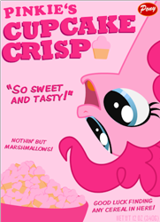 Size: 300x414 | Tagged: source needed, safe, artist:theratedrshimmer, pinkie pie, earth pony, pony, g4, artifact, bowl, cereal, cereal box, cupcake, female, food, logo, mare, marshmallow, open mouth, open smile, pink background, quote, simple background, smiling, solo, text, upside down