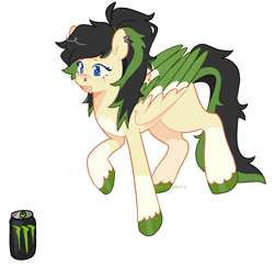 Size: 1924x1863 | Tagged: safe, artist:beetlepaws, oc, oc only, oc:core carnitine, pegasus, pony, black hair, blue eyes, colored wings, commission, drink, ear piercing, energy drink, green hair, markings, monster energy, multicolored wings, nose piercing, piercing, raised hoof, simple background, solo, starry eyes, tail, transparent background, two toned hair, two toned mane, two toned tail, wingding eyes, wings