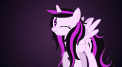 Size: 1170x645 | Tagged: safe, artist:jhayarr23, artist:nightfalls studios, artist:oblivionfall, oc, oc only, oc:emogak, pegasus, pony, gradient background, looking at you, one eye closed, solo, wink, winking at you