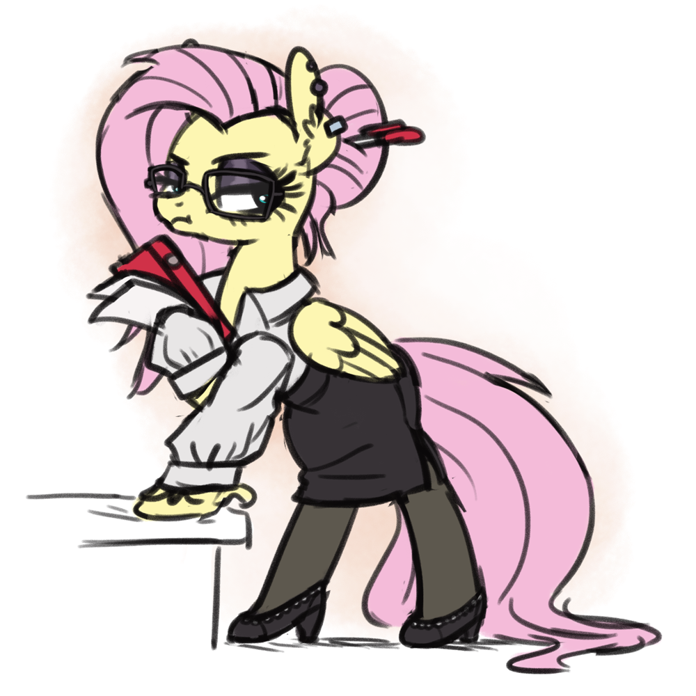 [alternate hairstyle,bipedal,clothes,earring,eyeshadow,female,fluttershy,frown,glasses,hair bun,high heels,jewelry,makeup,mare,pantyhose,pegasus,piercing,pony,safe,shoes,simple background,skirt,solo,white background,leaning,secretary,ear piercing,artist:king-kakapo,bipedal leaning,fluttergoth,office lady]